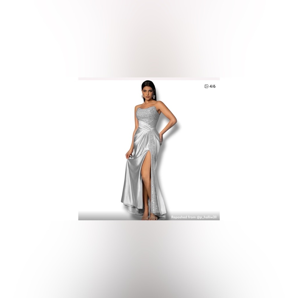 Strapless Silver Evening Gown with Side Slit